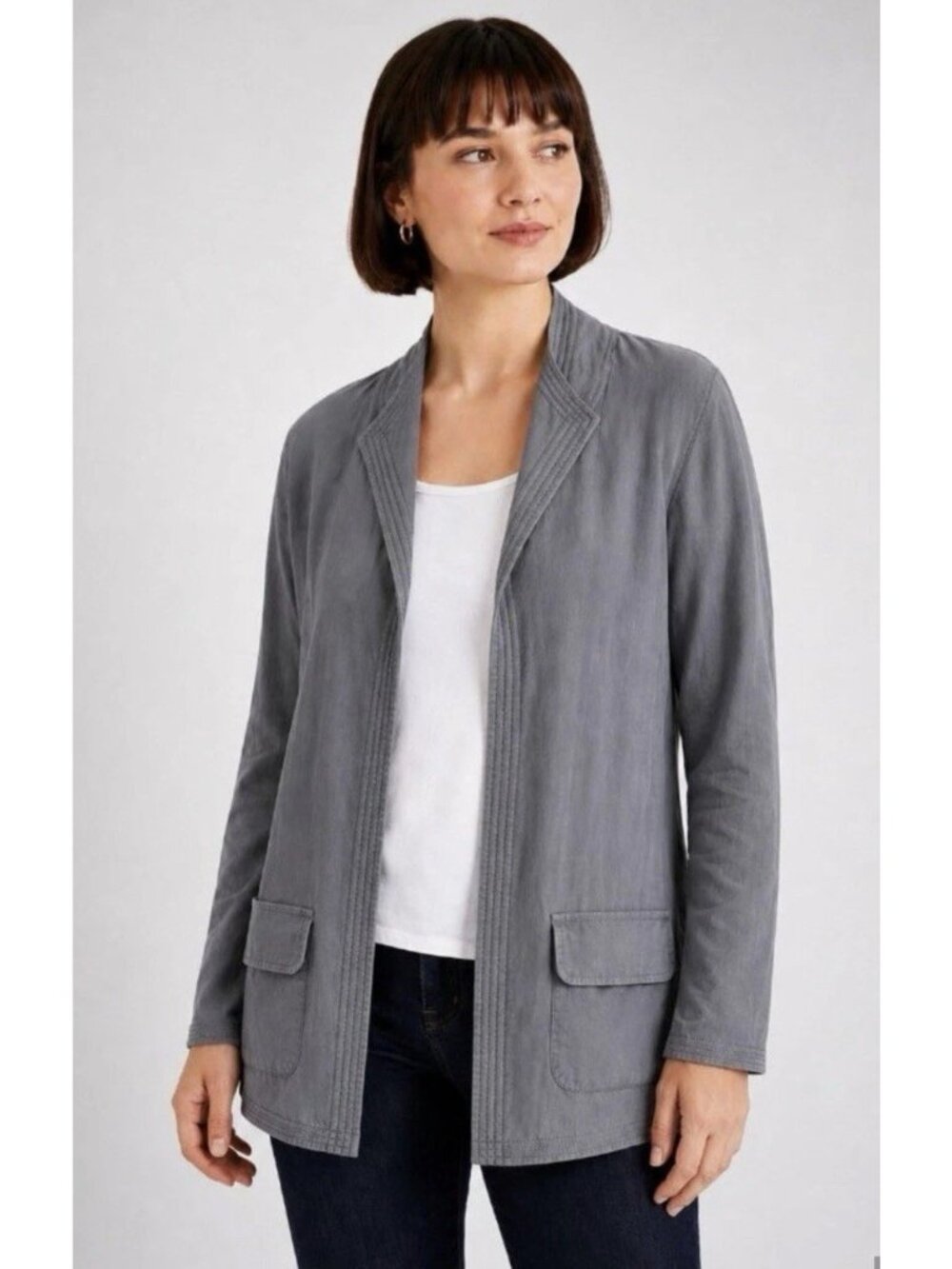 Eileen Fisher Woman’s Sz XS Gray Linen Blend Open Front Lagenlook Jacket Pockets